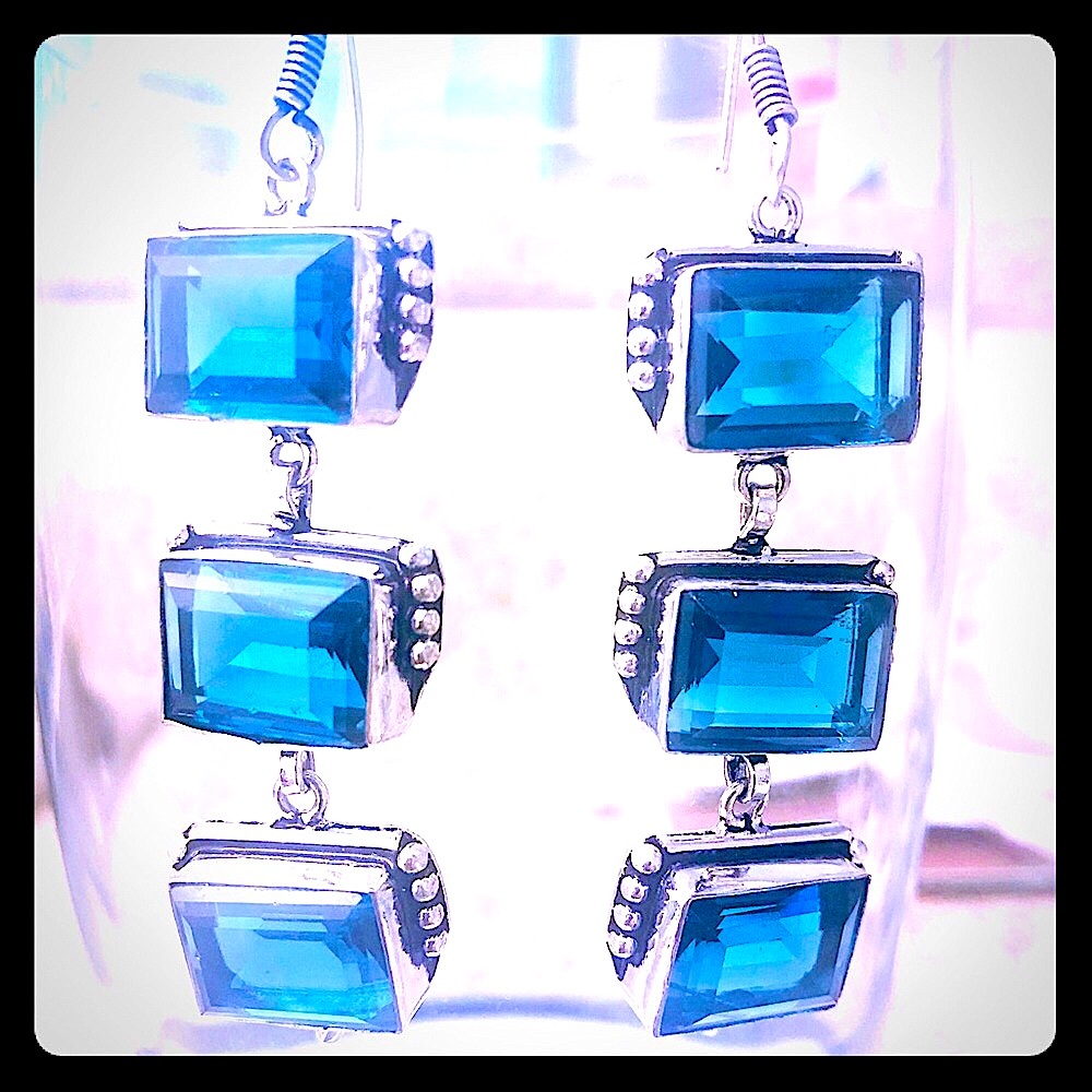 Sterling Silver Blue Stained Glass Drop Earrings